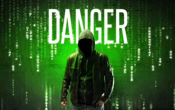 Faceless Hacker Danger Inscription Hacking Concept — Stock Photo, Image