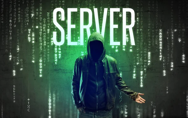 Gezichtloze Hacker Met Server Inscriptie Hacken Concept — Stockfoto