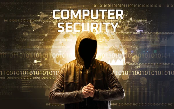 Gesichtsloser Hacker Bei Der Arbeit Mit Computer Security Inschrift Computersicherheitskonzept — Stockfoto