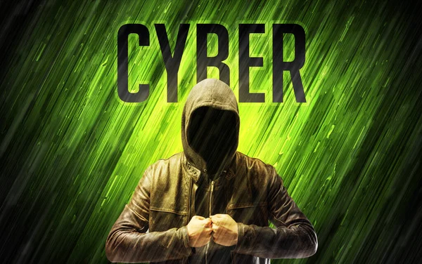 Homem Misterioso Com Inscrição Cyber Conceito Segurança Online — Fotografia de Stock