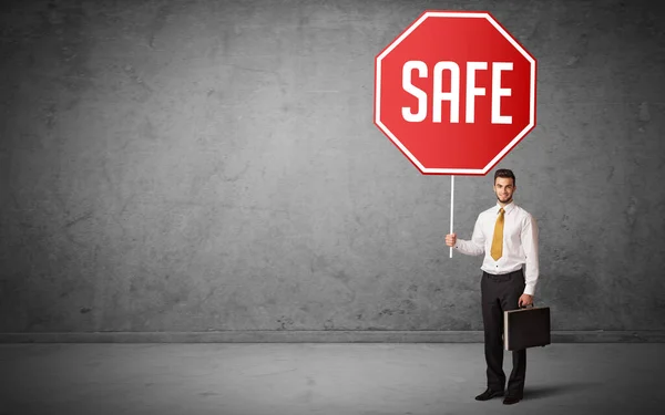 Young Business Person Holding Road Sign Safe Inscription New Rules — Stock Photo, Image