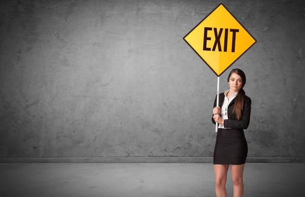 Young Business Person Holding Road Sign Exit Inscription New Rules — Stock Photo, Image