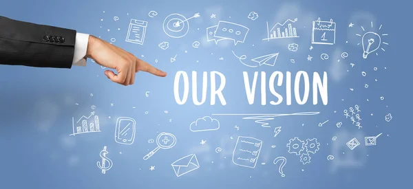 Close Przyciętej Dłoni Wskazując Nasz Napis Vision Nowoczesne Rozwiązanie Biznesowe — Zdjęcie stockowe