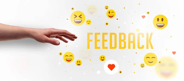 Close Mão Cortada Apontando Para Inscrição Feedback Conceito Mídia Social — Fotografia de Stock