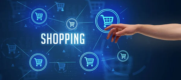 Närbild Beskuren Hand Pekar Shopping Inskription Online Shopping Koncept — Stockfoto