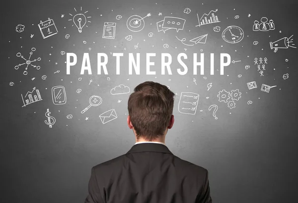Hátsó Nézet Egy Üzletember Partnership Felirattal Modern Üzleti Koncepció — Stock Fotó