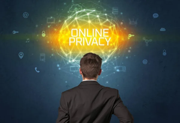 Achteraanzicht Van Een Zakenman Met Online Privacy Inscriptie Online Beveiligingsconcept — Stockfoto