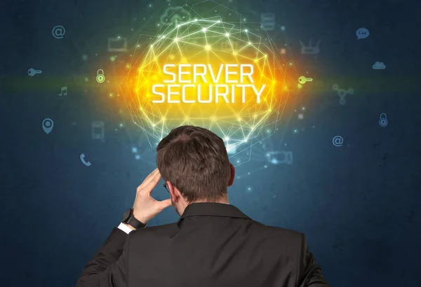 Visão Traseira Homem Negócios Com Inscrição Server Security Conceito Segurança — Fotografia de Stock