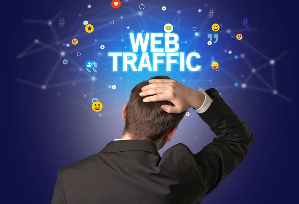 Vue Arrière Homme Affaires Avec Inscription Web Traffic Concept Réseaux — Photo