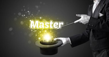 Sihirbaz usta yazıtlar ve eğitim konseptiyle sihirbazlık numarası yapıyor.