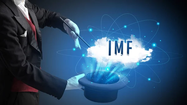 Mago Está Mostrando Truco Magia Con Abreviatura Del Fmi Concepto — Foto de Stock