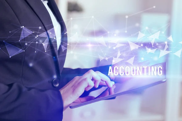 Cierre Las Manos Con Tableta Con Inscripción Accounting Concepto Tecnología — Foto de Stock