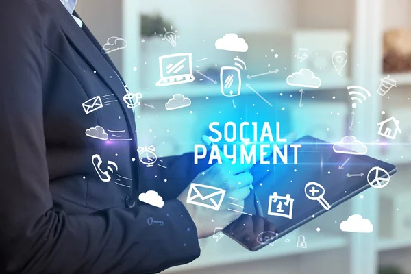 Крупним Планом Людина Використовує Соціальні Мережі Написом Social Payment — стокове фото