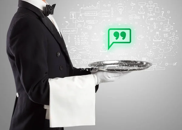 Close Waiter Serving Typing Icons Social Media Concept — Stock Photo, Image