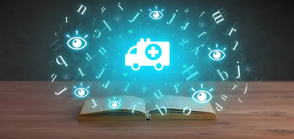 Open medical book with ambulance icons above, global health concept