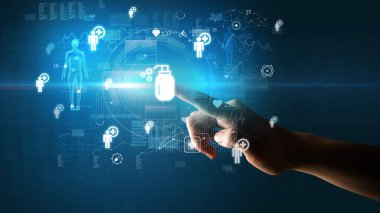 Doktor el, ekranında dezenfektan sembolü olan fütürist sağlık aygıtı, fütüristik konsept