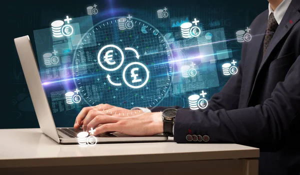 Business Hand Working Stock Market Exchange Icons Coming Out Laptop — Stock Photo, Image