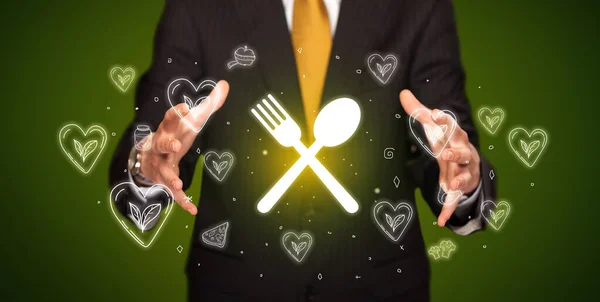 Hand Holding Spoon Fork Icon Healthy Food Delivery Concept — Stock Photo, Image