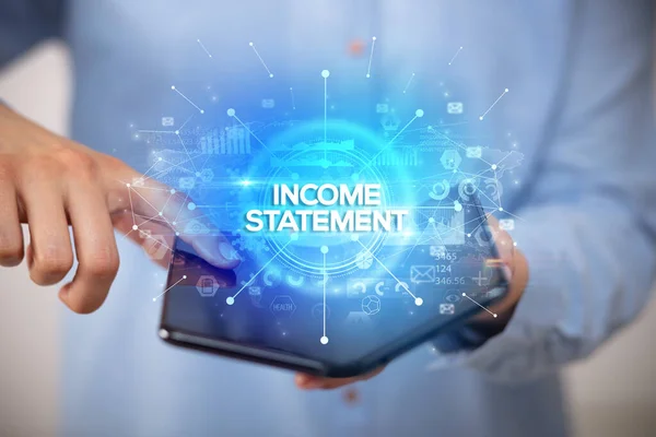 Businessman Holding Foldable Smartphone Income Statement Inscription New Business Concept — Stock Photo, Image