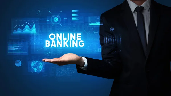 Hand Businessman Holding Online Banking Iscrizione Concetto Successo Aziendale — Foto Stock