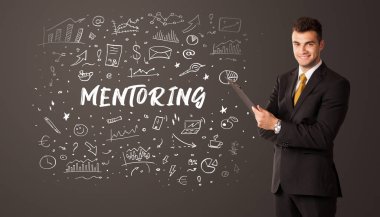 MENTORING yazıtları, iş eğitimi kavramı ile düşünen işadamı