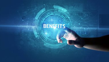 Elle dokunmak BENEFITS düğmesi, modern iş teknolojisi kavramı