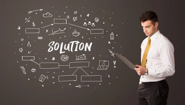 Zakenman Denken Met Solution Inscriptie Business Education Concept — Stockfoto