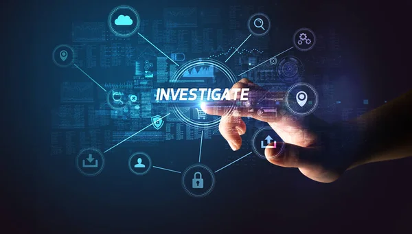 Hand Touching Investigate Inscription Cybersecurity Concept — Stockfoto