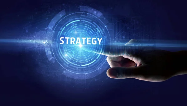Hand Aanraken Strategie Knop Modern Business Technology Concept — Stockfoto