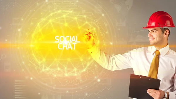 Hombre Negocios Guapo Con Dibujo Casco Social Chat Inscripción Concepto — Foto de Stock