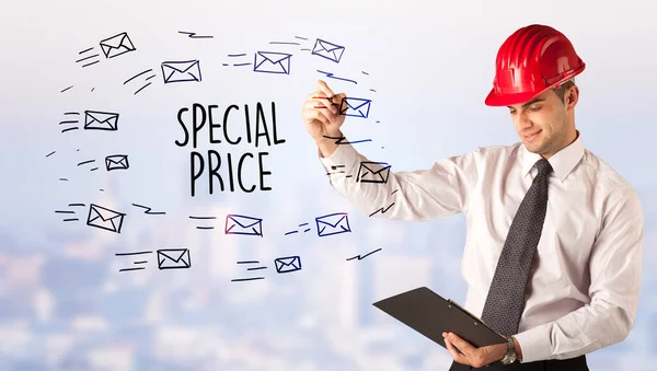 Handsome Businessman Helmet Drawing Special Price Inscription Contruction Sale Concept — Stock Photo, Image