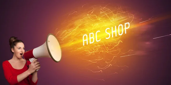 Young Girld Shouting Megaphone Abc Shop Inscription Online Shopping Concept — Stock Photo, Image