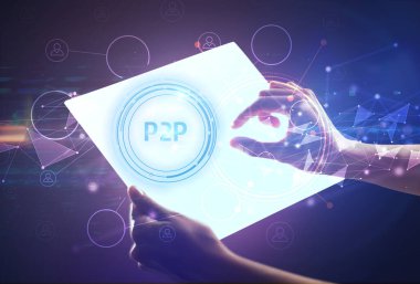 P2P yazıtlı el işi fütüristik tablet, modern teknoloji kavramı