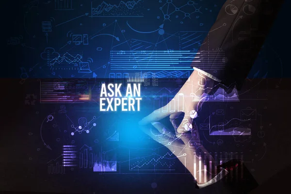 Affärsman Vidröra Enorm Skärm Med Ask Expert Inskription Cyber Affärsidé — Stockfoto