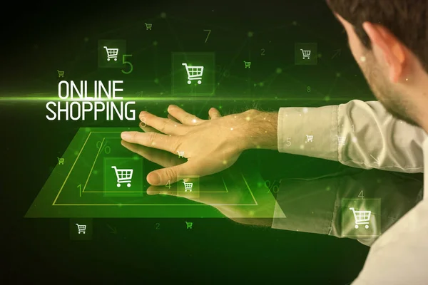 Online Αγορές Online Shopping Έννοια Επιγραφή Εικονίδια Καλάθι Αγορών — Φωτογραφία Αρχείου