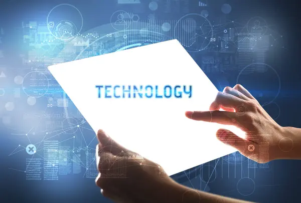 Tableta Futurista Hand Holdig Con Inscripción Tecnology Concepto Nueva Tecnología —  Fotos de Stock