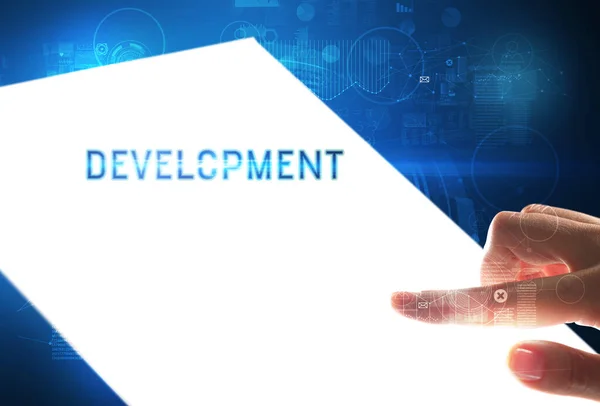 Hand Holdig Futuristický Tablet Nápisem Development Koncept Nové Technologie — Stock fotografie