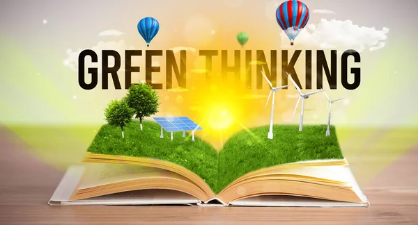 Open Book Green Thinking Inscription Renewable Energy Concept — Stock Photo, Image