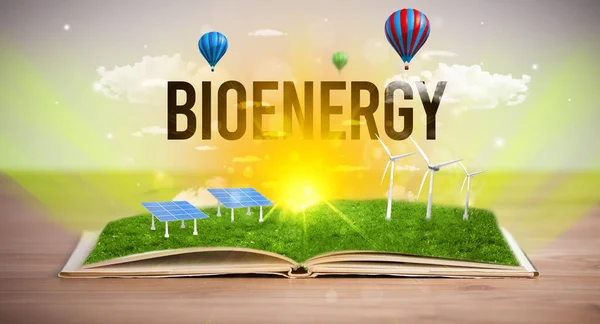 Livre Ouvert Avec Inscription Bioenergy Concept Énergie Renouvelable — Photo