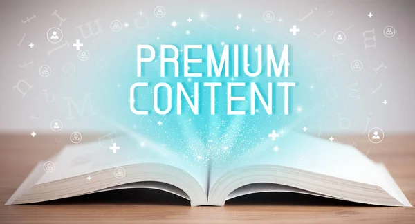 Open book with PREMIUM CONTENT inscription, social media concept