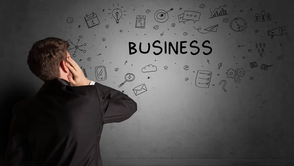 Geschäftsmann Zeichnet Eine Kreative Ideenskizze Mit Business Aufschrift Geschäftsstrategie Konzept — Stockfoto