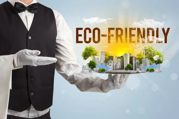 带有Eco Friendly登记 更新能源概念的生态城市服务员 — 图库照片