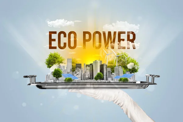 Garçom Servindo Eco Cidade Com Inscrição Eco Power Conceito Energia — Fotografia de Stock