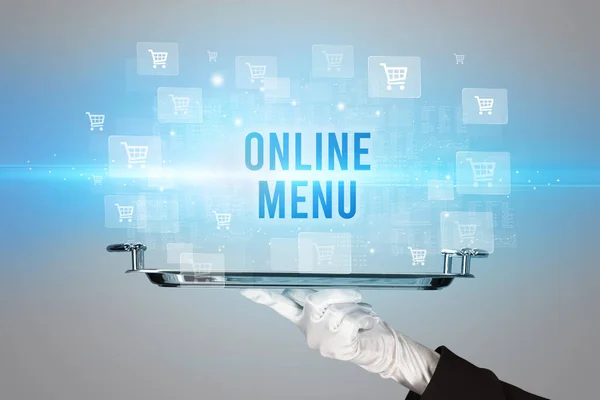 Online Menu Feliratot Felszolgáló Pincér Online Vásárlási Koncepció — Stock Fotó