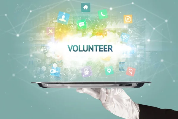 Camarero Sirviendo Concepto Redes Sociales Con Inscripción Volunteer —  Fotos de Stock