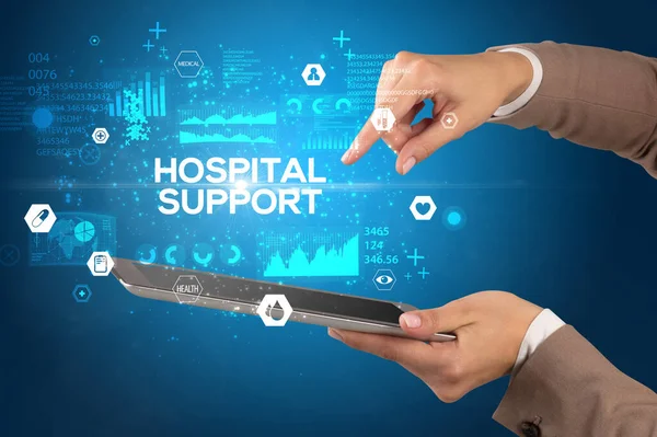 带有Hospital Support注册 医学概念的触摸屏的特写 — 图库照片