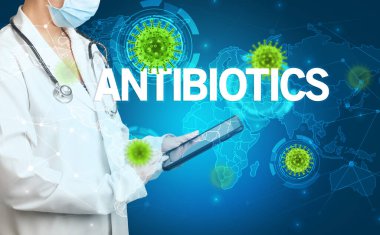 Doktor, AnTIBIOTICS yazıtları ve viroloji konseptiyle tıbbi kayıtları dolduruyor.
