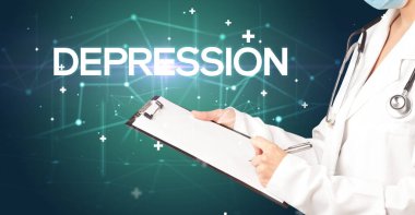 Doktor tıbbi kayıtları Depresyon yazıtları ve tıbbi konseptle dolduruyor.