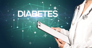Doktor tıbbi kayıtları DIABETES yazıtları ve tıbbi konseptle dolduruyor.