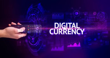 Dijital CURRENCY yazıtları ve modern teknoloji konseptiyle el ele tutuşmak